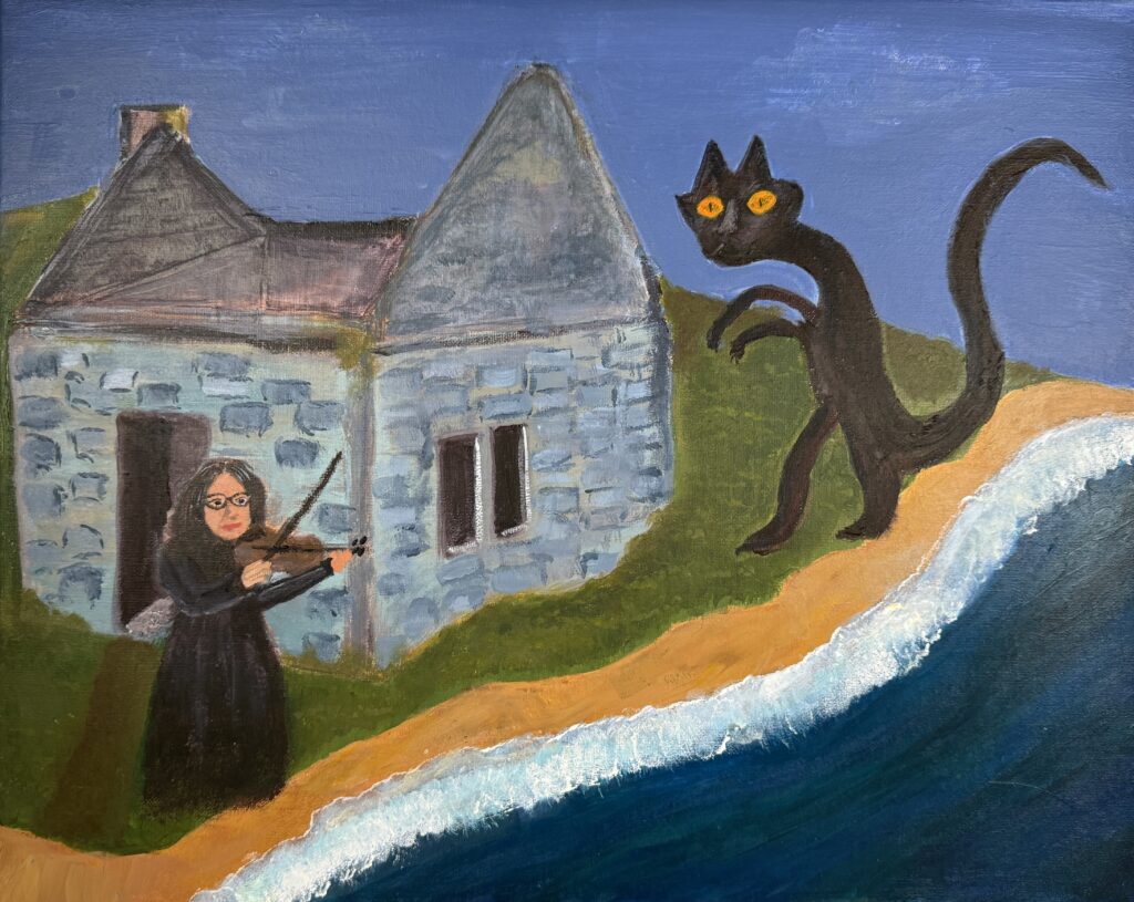 Painting by Participant Liana "The Delusion of Solitude" depicting a woman playing a violin in front of a stone house next to the sea with a creature in the background