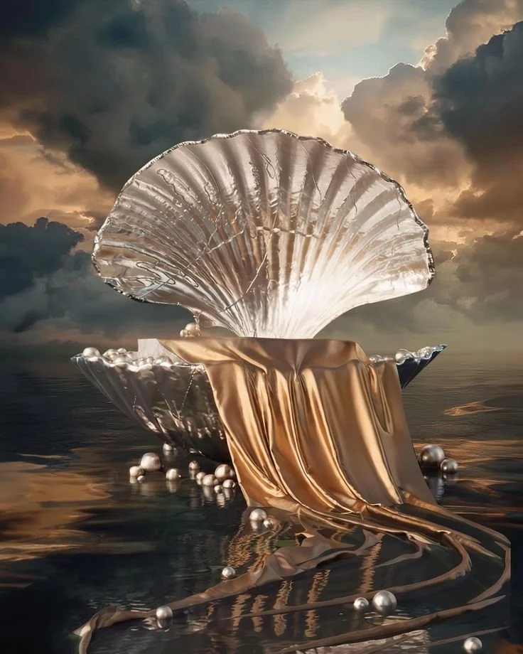 Image of a seascape with a centered, large, open shell containing silks and pearls.