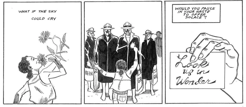 Comic by Lin Licas featuring a woman waving a flower in front of a group of masked figures