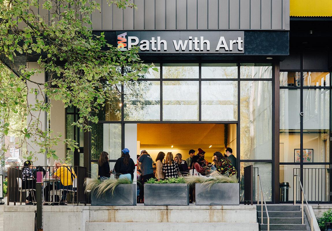 Path with Art Spring Visions Exhibition opening, view from Center Steps courtyard.
