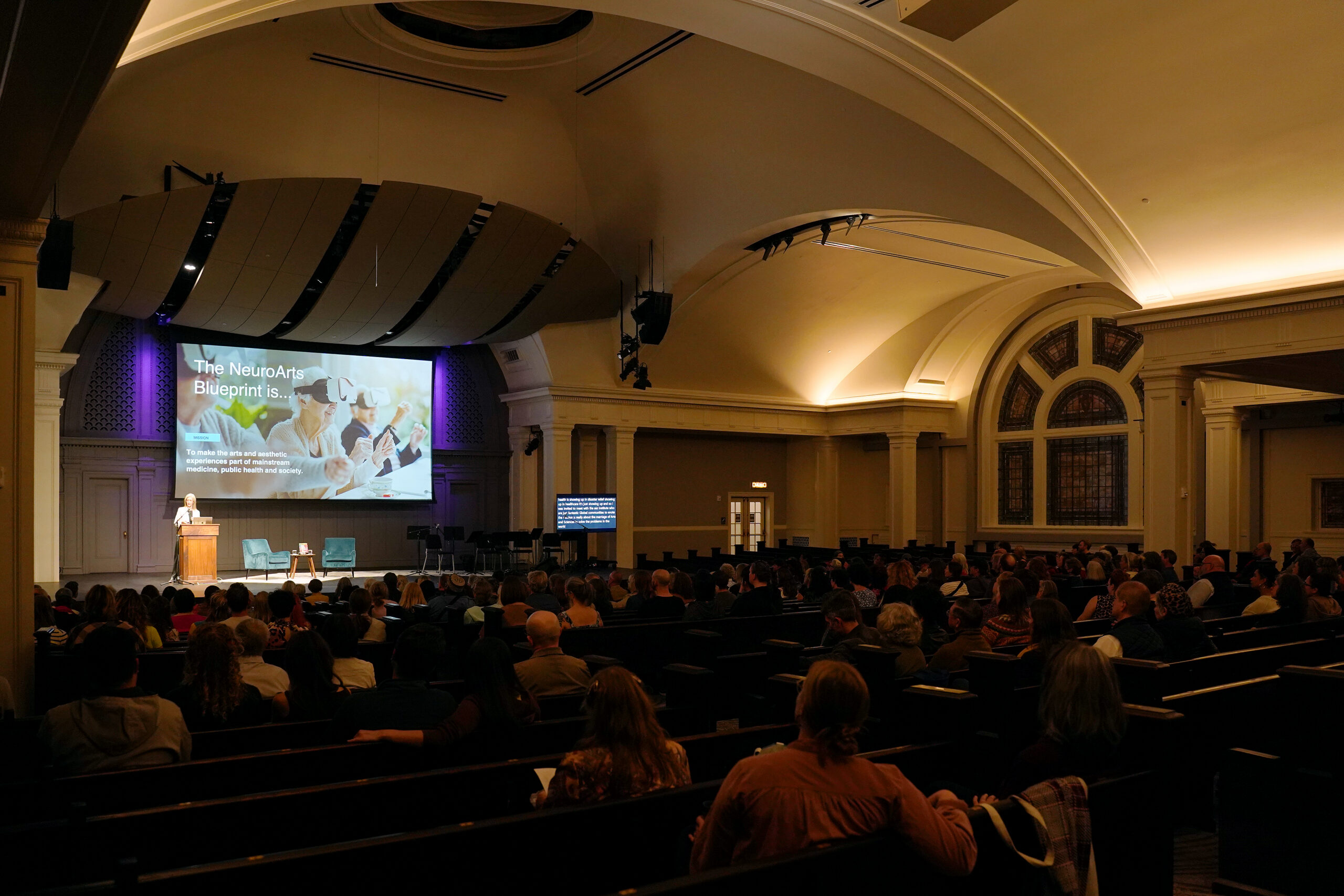 Attendees gathered at Town Hall Seattle to listen to a talk by Susan Magsamen on arts as health.