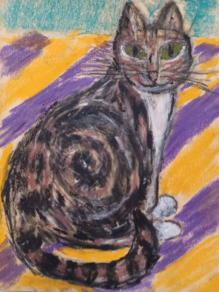 Image is an oil pastel drawing of a calico cat on a yellow and purple stripped carpet.