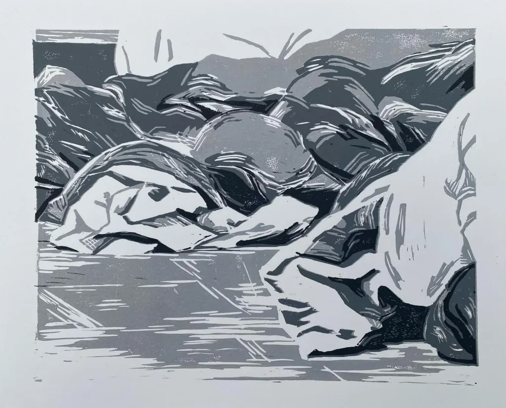 Picture of a monochromatic relief print on paper.