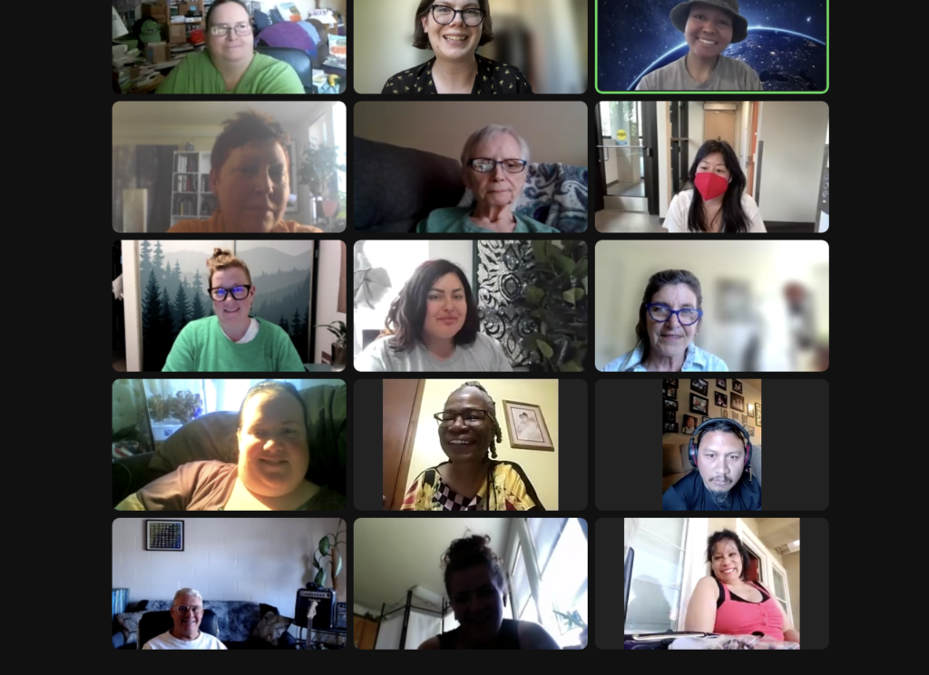 Online Poetry class participants give an end-of-class smile, each person in separate zoom boxes