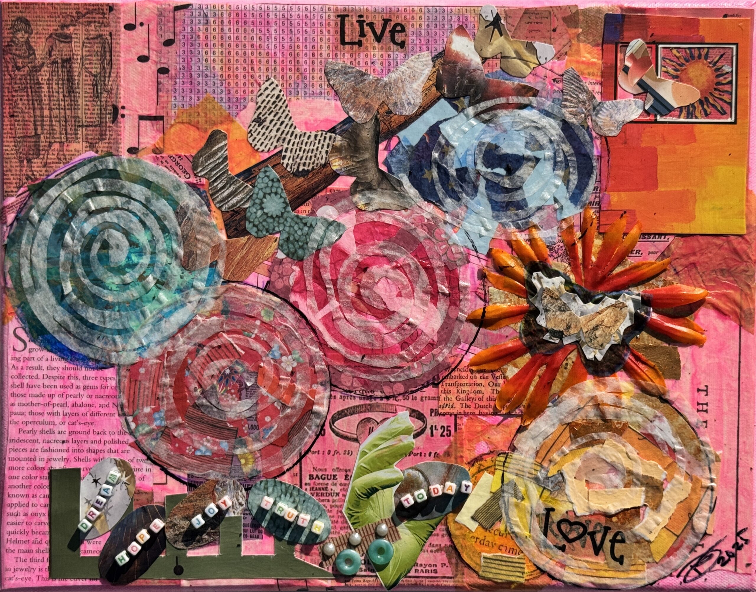 Collage of paper and beads with paint.