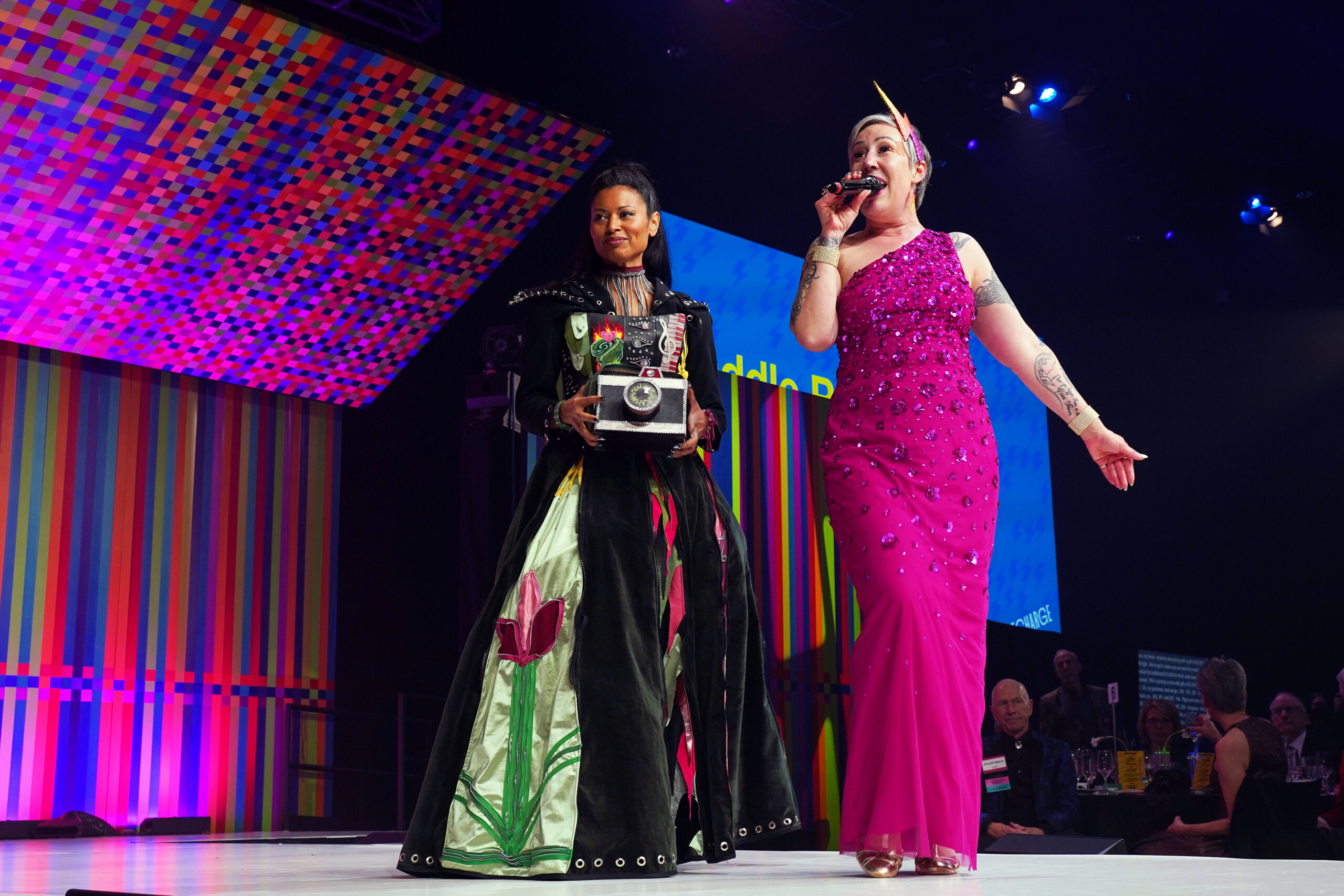 Aina Abiodun models found fashion alongside emcee Sasha Summer Cousineau at the 2025 Art for All Ball.