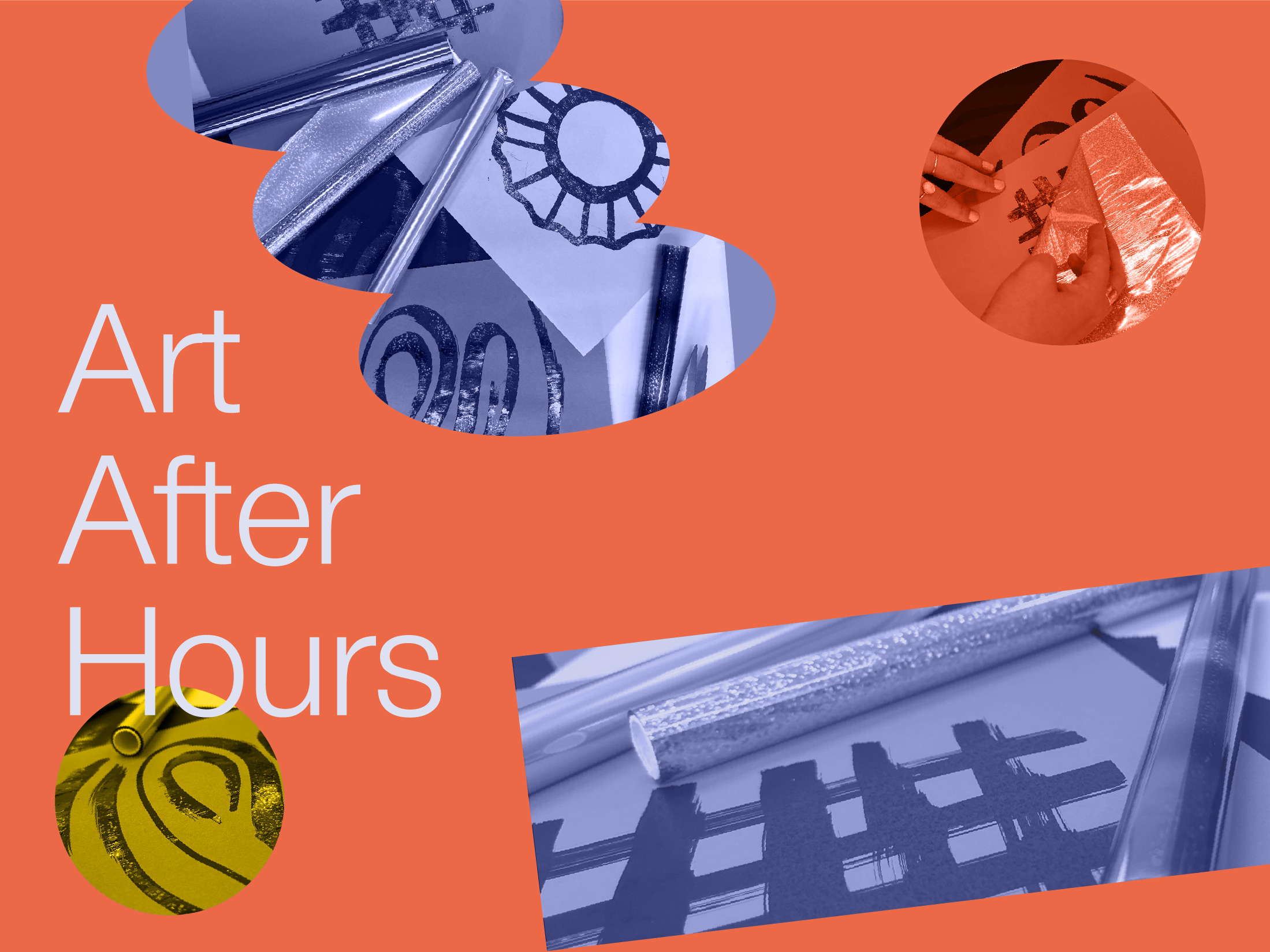 art after hours written on a salmon colored background with floating duo-toned images